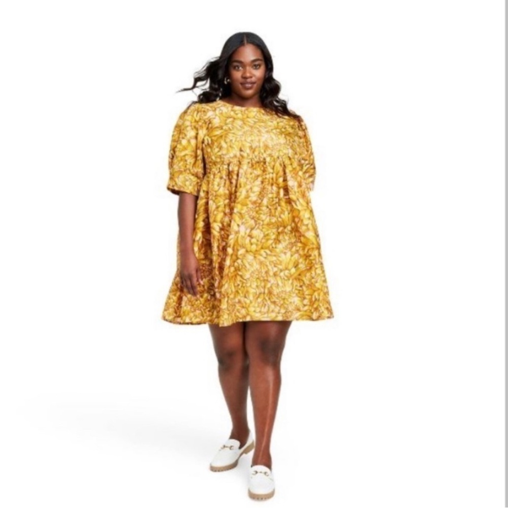 Woman’s Floral Print Midi Puff Sleeve Dress Kika Vargas Gold Size 4X